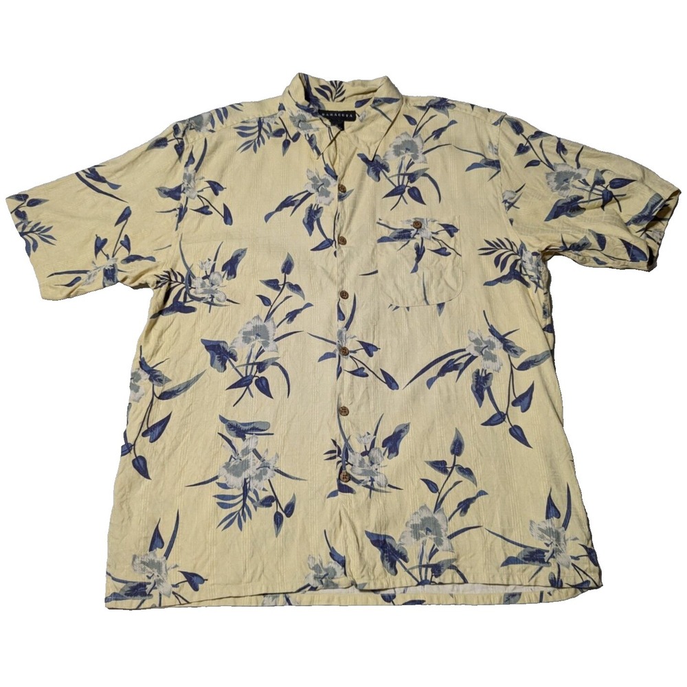BARACUTA Men Size XL Silk Yellow Blue Floral Camp Shirt‎